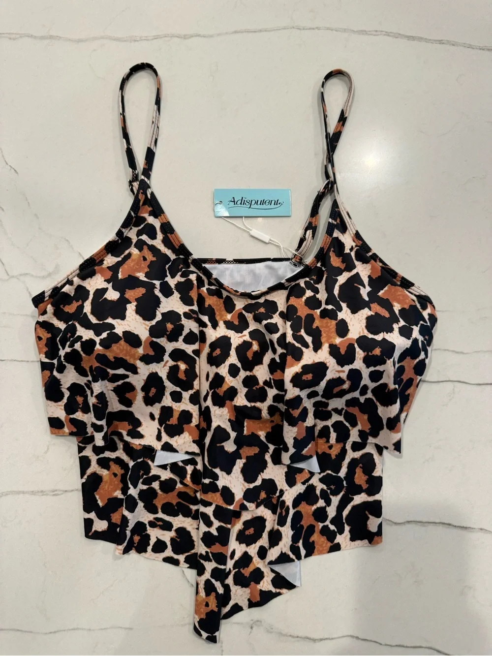 Adisputent Ruffled Leopard Bikini Top, size L, NWT